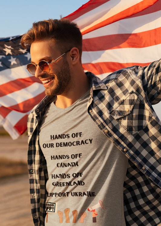 Unisex Softstyle T-Shirt - "Hands Off Our Democracy, Hands Off Greenland, Hands Off Canada, Support Ukraine"